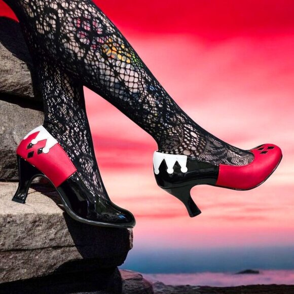 FunTasma ✦ Harley Quinn High Heels ✦ Red Black White Patent w/ Checker Slip-On 9 - Picture 2 of 13